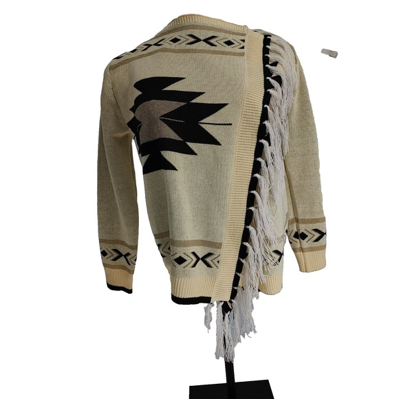 Woman's Aztec Tan Black Open Cardigan Sweater Size Large Fringe Metallic Unbrand - Picture 1 of 12